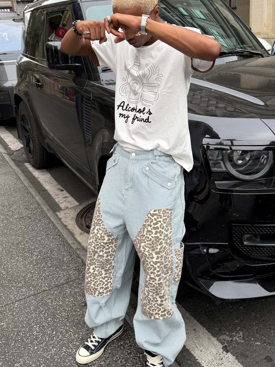 STEEPC Leopard Print Double Knee Hickory Stripe Baggy Pants | Face 3 Face