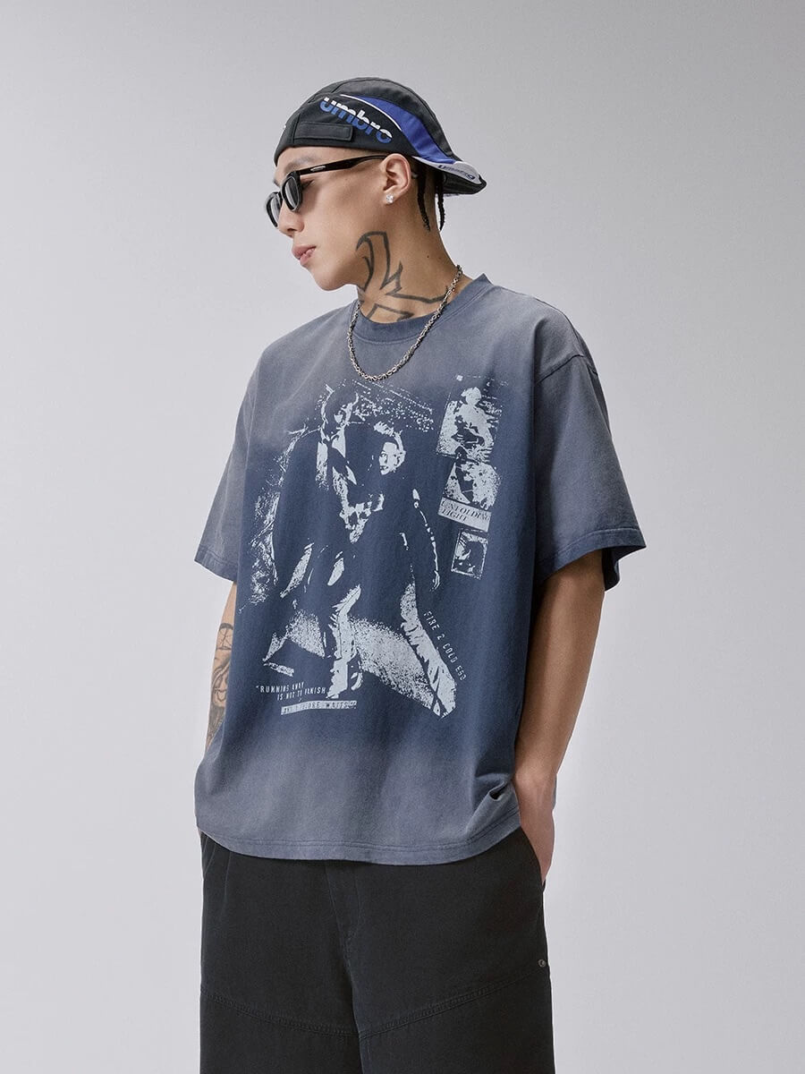 F2CE Vintage Portrait Print Gradient Wash Short Sleeve Tee | Face 3 Face