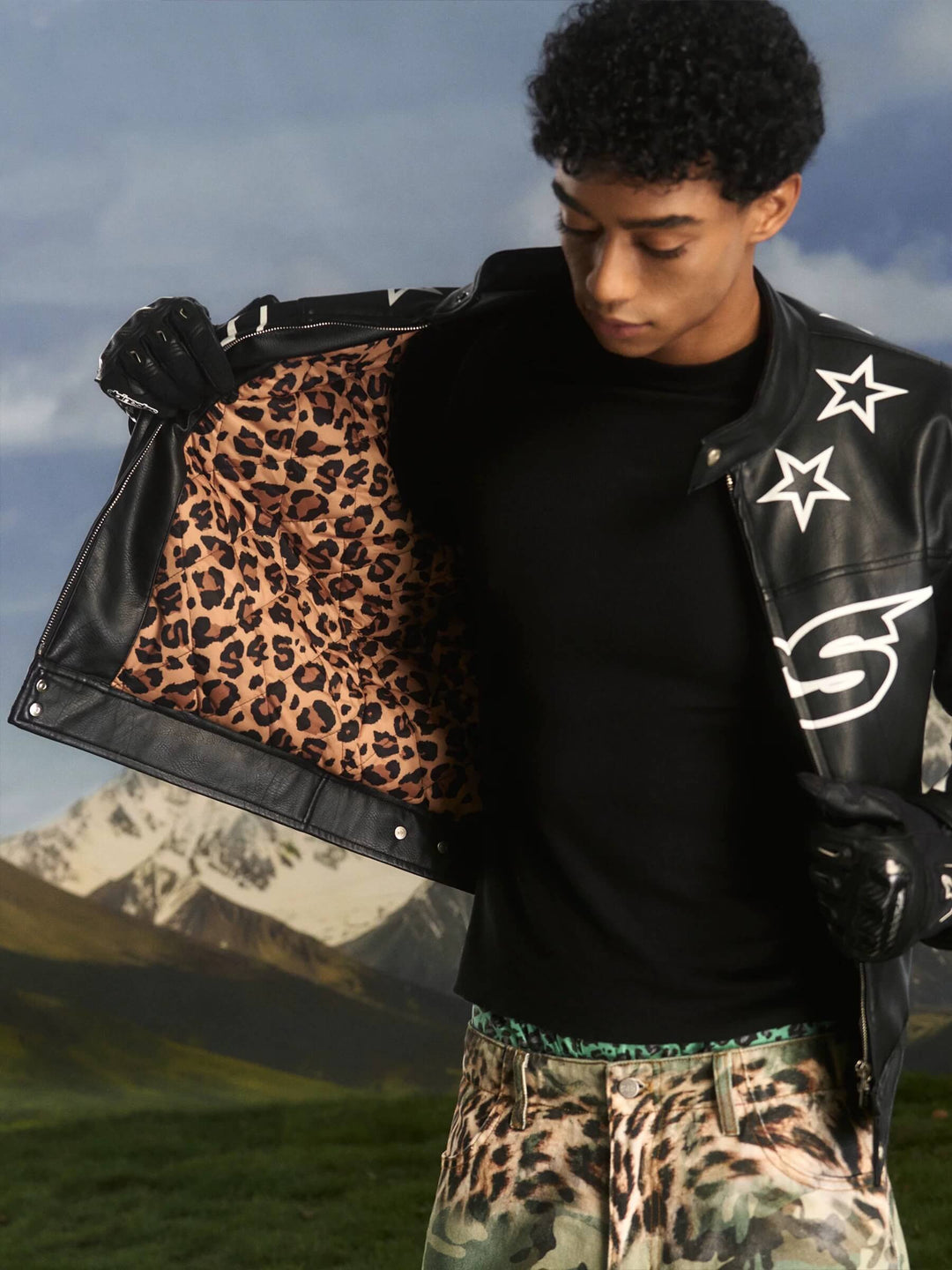 S45 Star Print PU Leather Leopard Lined Biker Jacket | Face 3 Face