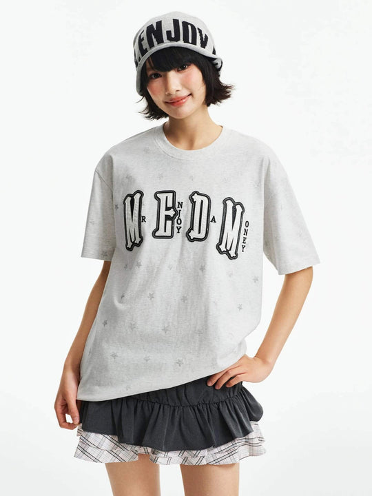 MEDM All Over Glitter Star Print Logo Patch Short Sleeve Tee | Face 3 Face