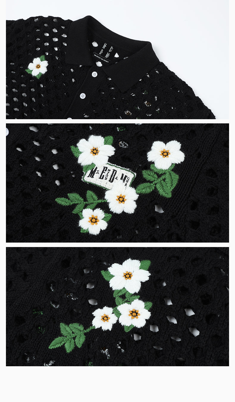 MEDM Flower Embroidery Open Knit Short Sleeve Shirt | Face 3 Face