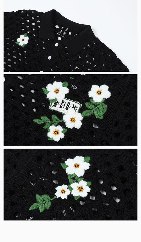 MEDM Flower Embroidery Open Knit Short Sleeve Shirt | Face 3 Face