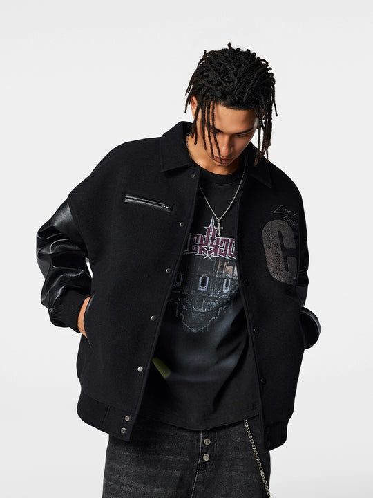 Achock Patch Embroidery Black Varsity Jacket | Face 3 Face