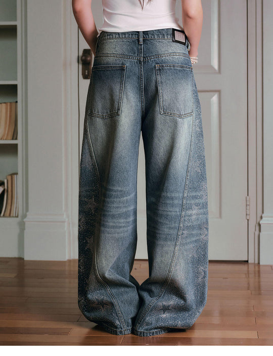 MEDM Rhinestone Star Washed Baggy Jeans | Face 3 Face