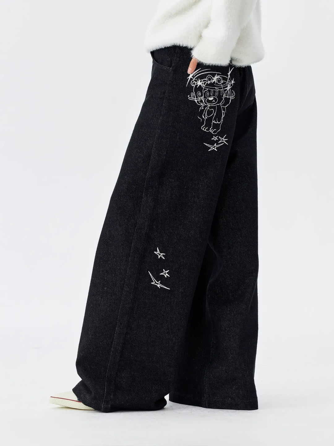 MEDM Stunner Bear Star Embroidered Baggy Jeans | Face 3 Face