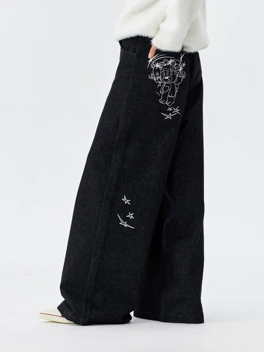 MEDM Stunner Bear Star Embroidered Baggy Jeans | Face 3 Face
