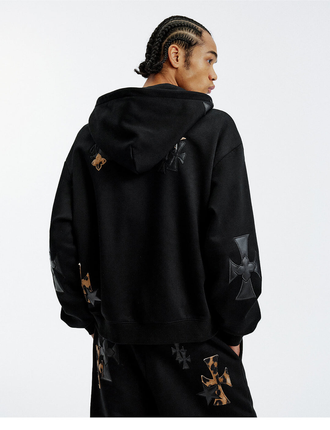 MEDM Cross Star Leather Patchwork Zip Up Hoodie | Face 3 Face