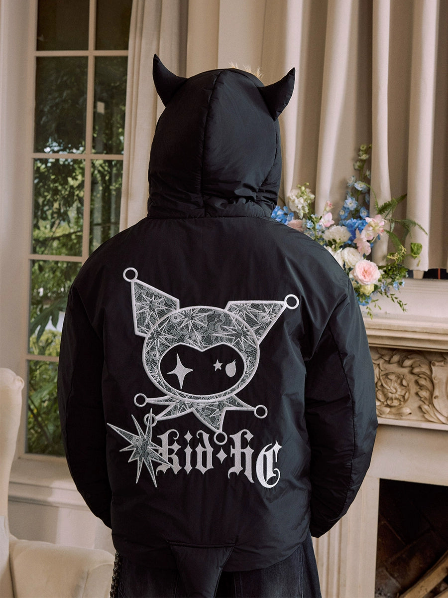 Harsh and Cruel Devil Lace Patch Embroidery Hooded Puffer Jacket | Face 3 Face