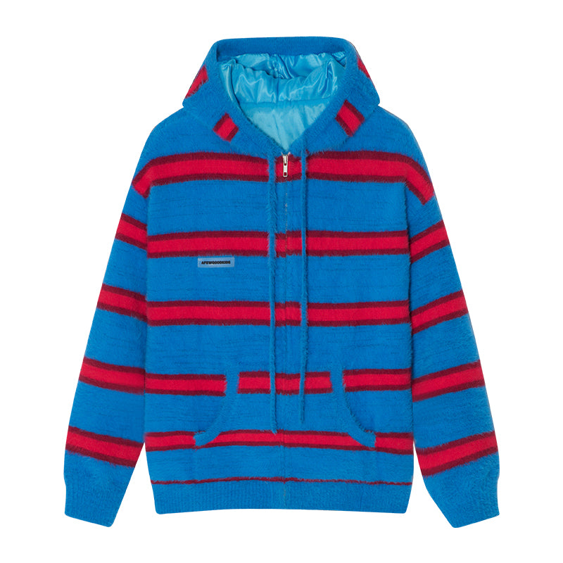 AFGK Striped Zipper Hooded Peplum Knit Jacket