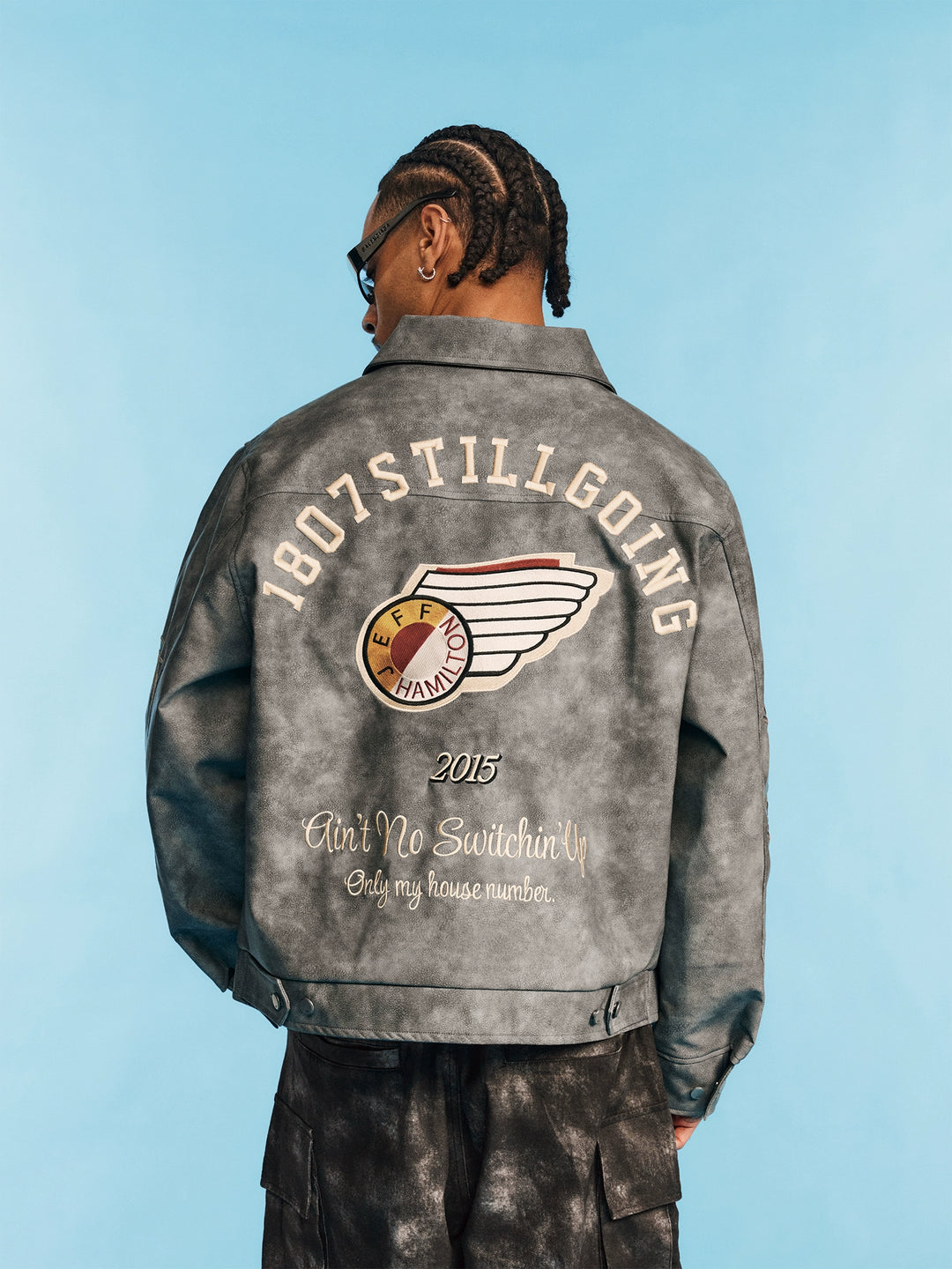 1807 JEFF HAMILTON Logo Embroidered Leather Detroit Jacket | Face 3 Face