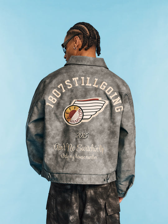 1807 JEFF HAMILTON Logo Embroidered Leather Detroit Jacket | Face 3 Face