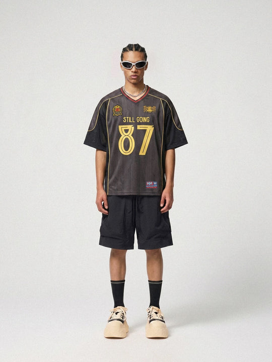 1807 Black Gray Color Block Short Sleeve Soccer Jersey