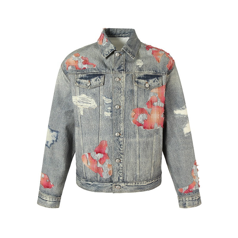 YADcrew Evening Lace Printed Patchwork Denim Jacket
