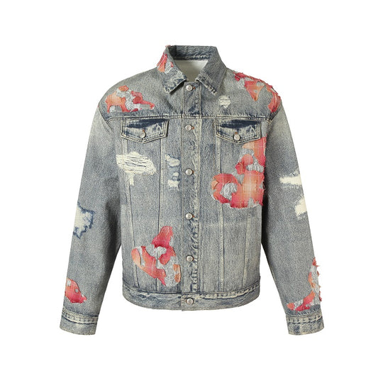 YADcrew Evening Lace Printed Patchwork Denim Jacket