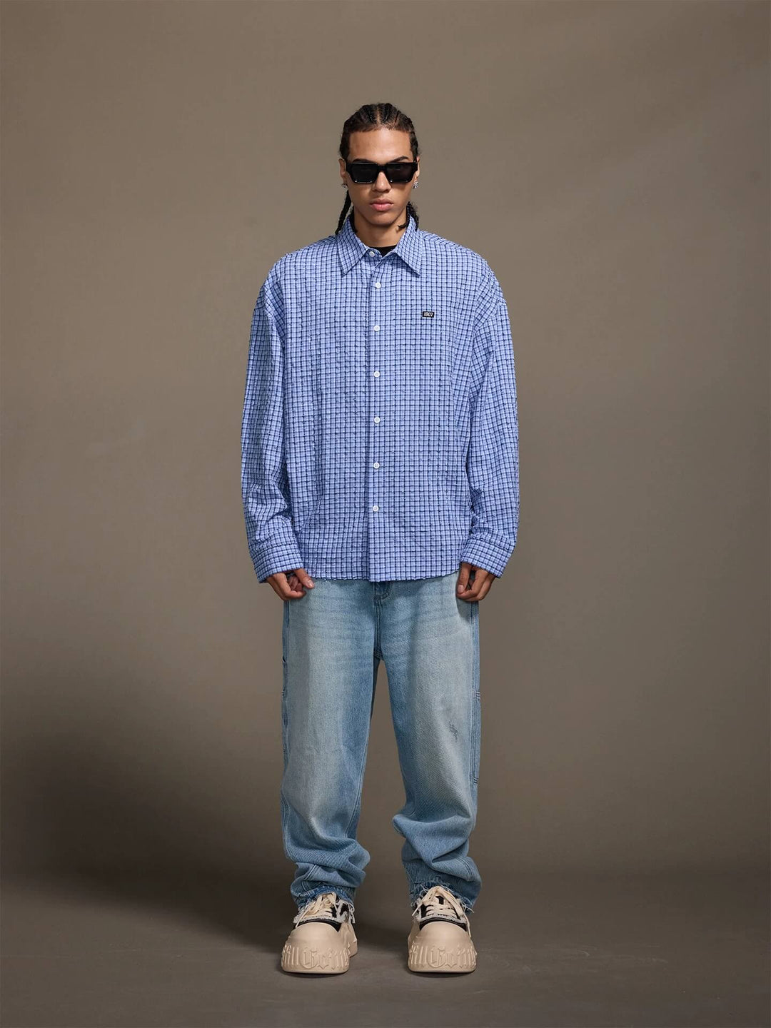 1807 Small Logo Plaid Perforated Long Sleeve Shirt | Face 3 Face
