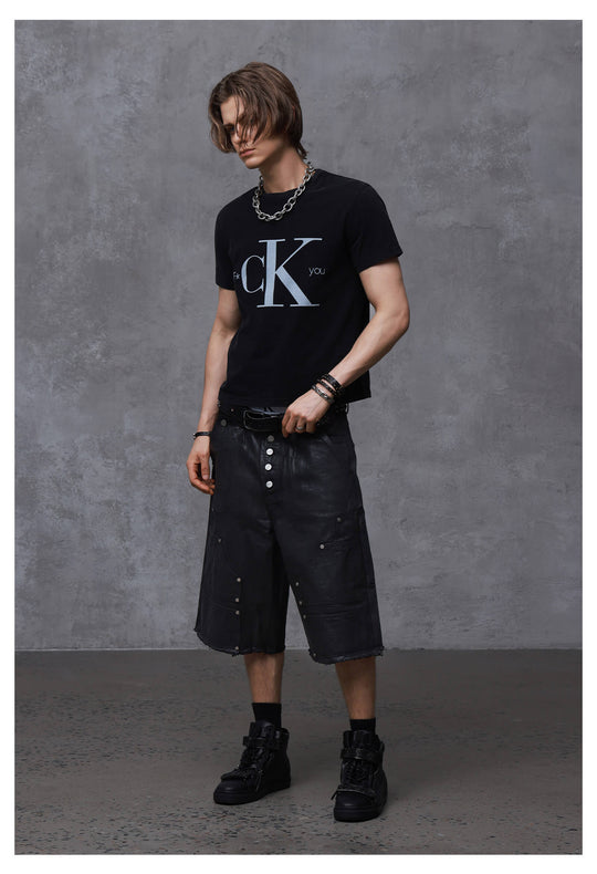 ANTIDOTE Brushed Waxed Studded Double Knee Cutoff Baggy Shorts | Face 3 Face