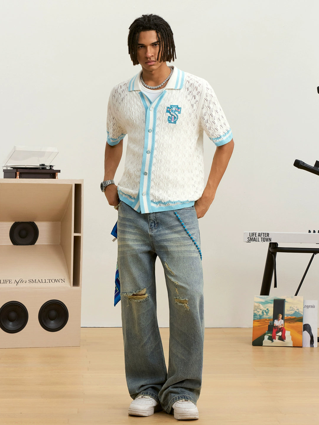 Small Town Kid Ethnic Logo Patch Crochet Knit Hawaiian Shirt | Face 3 Face