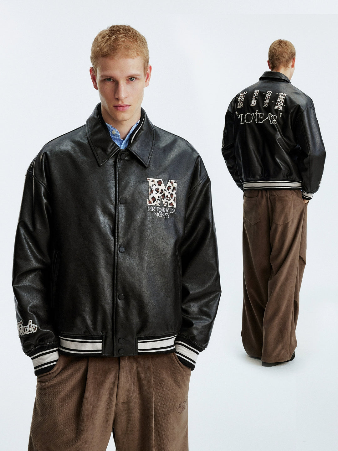 MEDM Leopard Patch Pearl PU Leather Varsity Jacket | Face 3 Face