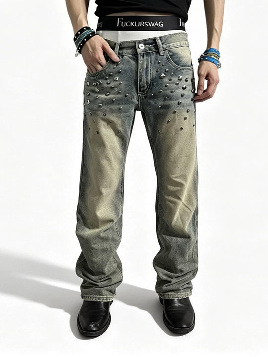 Night Lab Vintage Washed Mixed Studded Jeans
