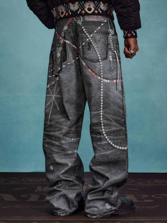 YADcrew x MEDM 3D Cloth Patch Chain Distressed Digital Print Jeans | Face 3 Face