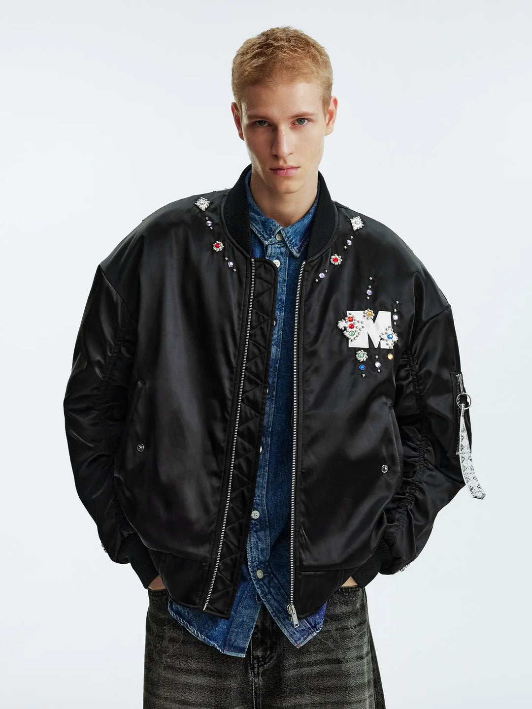 MEDM Gemstone Studded Leather Patch MA-1 Bomber Jacket | Face 3 Face