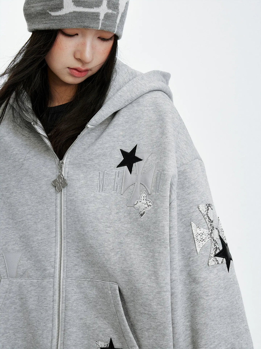 MEDM Cross Star Leather Patchwork Zip Up Hoodie | Face 3 Face