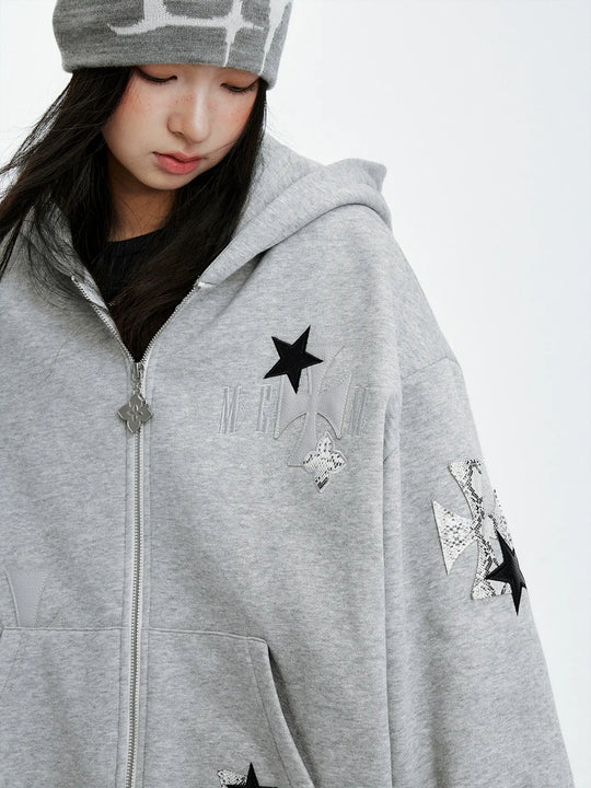 MEDM Cross Star Leather Patchwork Zip Up Hoodie | Face 3 Face