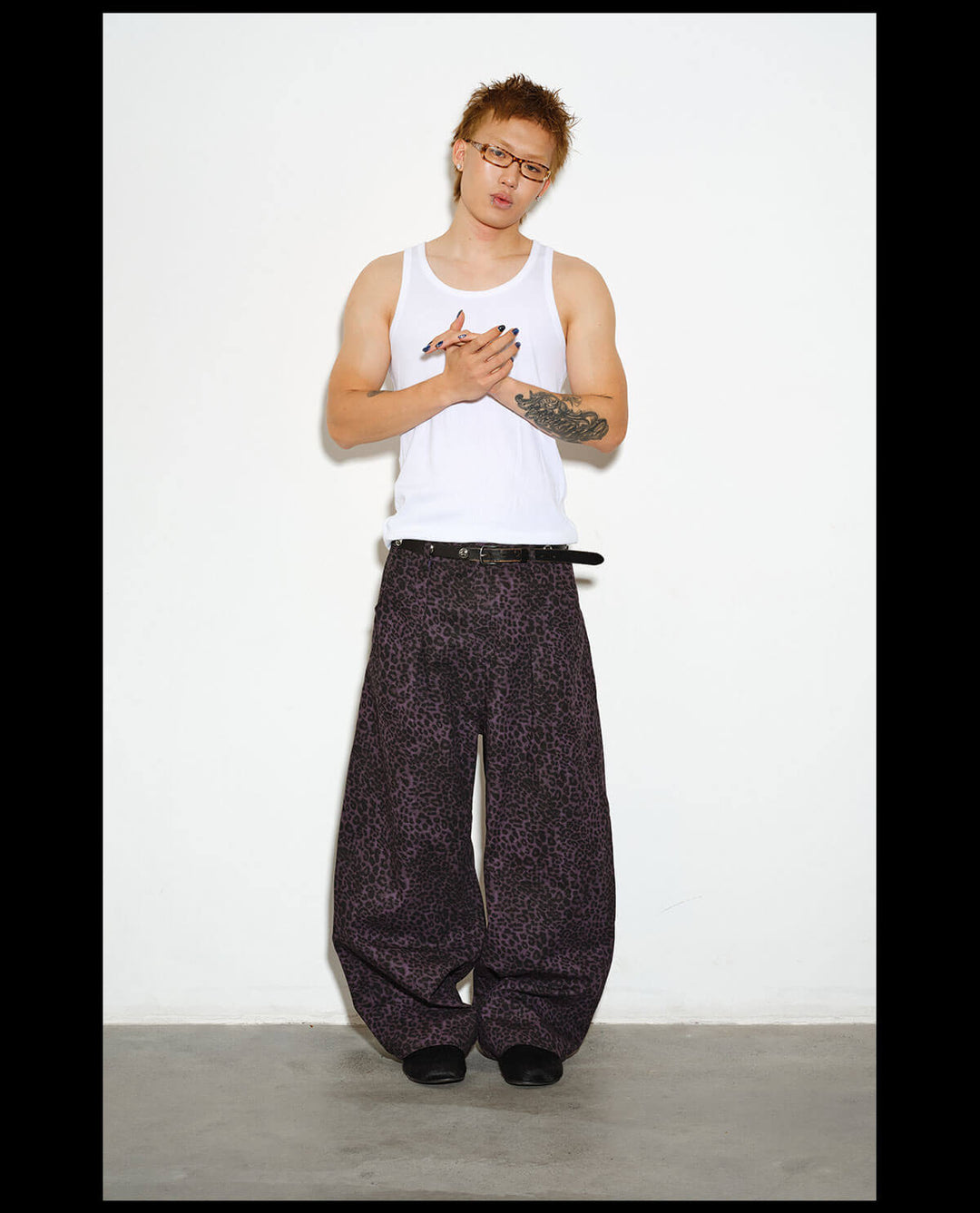 NOVACAM Purple Leopard Print Curved Baggy Pants | Face 3 Face