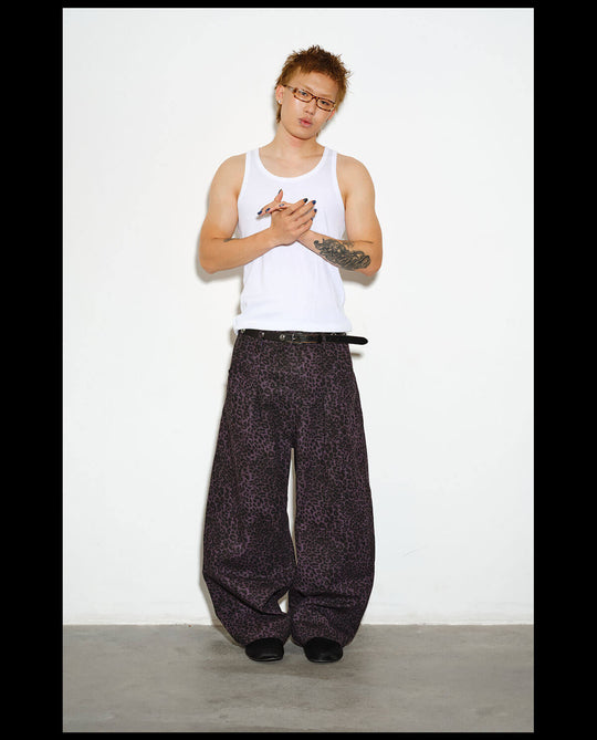 NOVACAM Purple Leopard Print Curved Baggy Pants | Face 3 Face