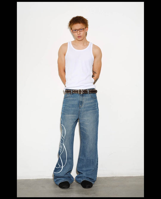 NOVACAM Vintage Washed Letter Print Flared Jeans | Face 3 Face