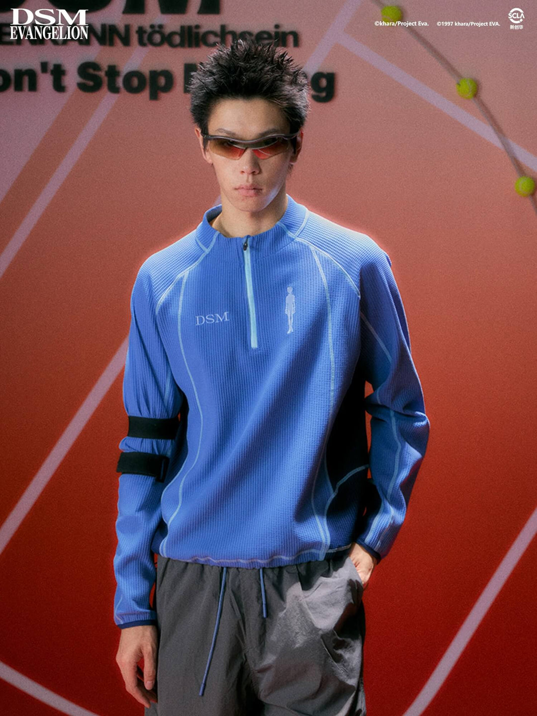 DSM x EVA Contrast Stitch Half Zip Waffle Long Sleeve Tee | Face 3 Face