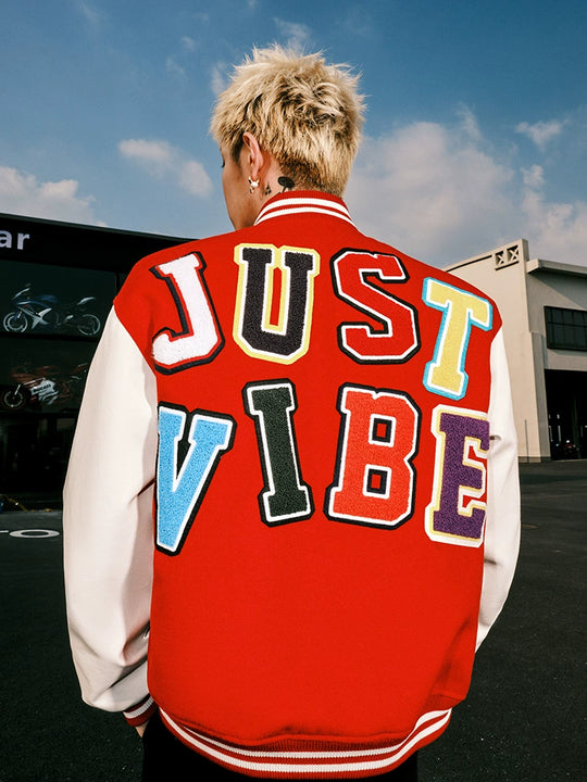 JUST VIBE Terry Multicolor Logo PU Leather Varsity Jacket | Face 3 Face