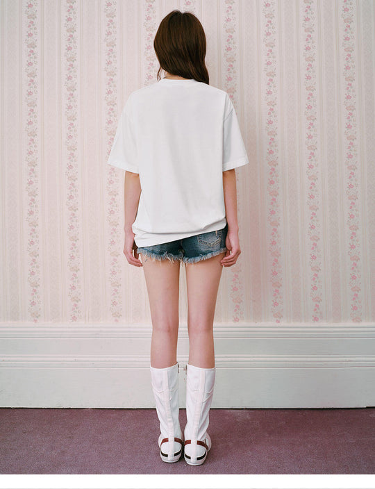 MEDM Distressed Denim Logo Patch Studded Short Sleeve Tee | Face 3 Face