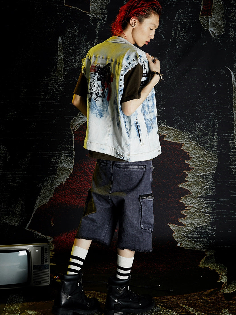 VENTUREK Washed Patch Rivet Zipper Denim Shorts | Face 3 Face