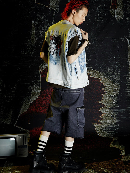 VENTUREK Washed Patch Rivet Zipper Denim Shorts | Face 3 Face