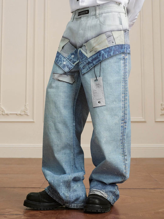 YADcrew 3D Digital Print Double Waist Washed Jeans | Face 3 Face
