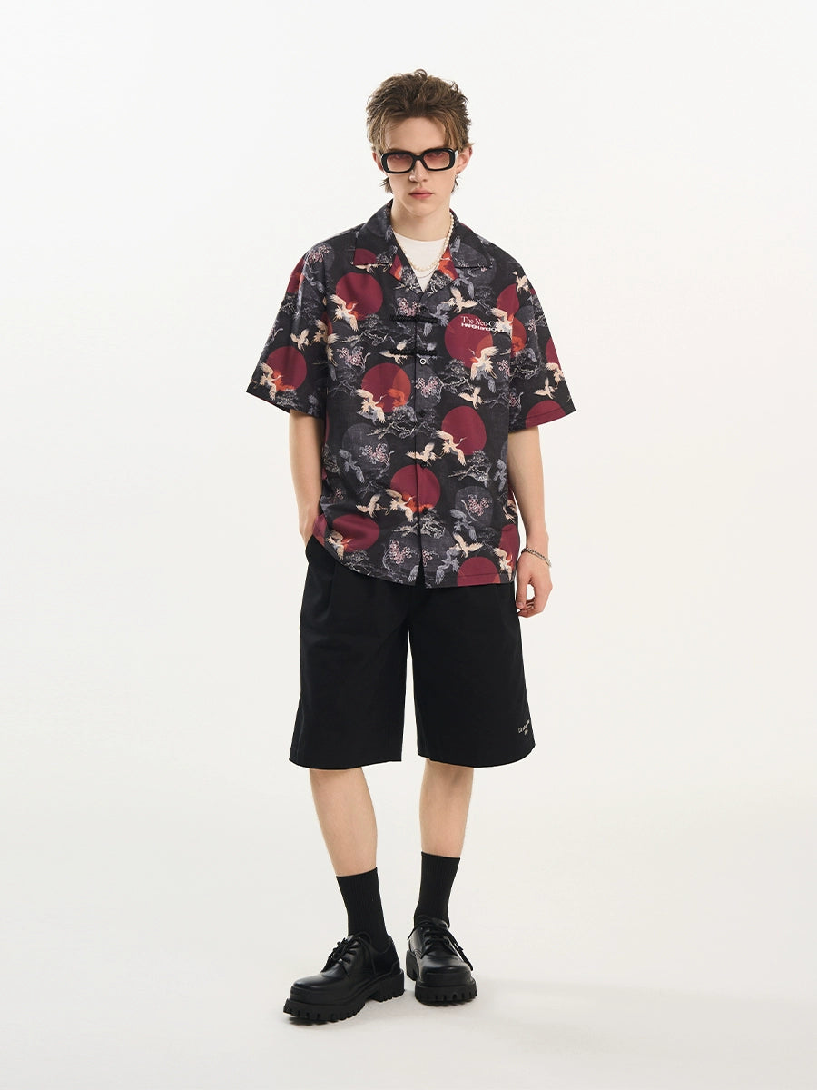 Harsh and Cruel Crane Print Knots Cuban Shirt