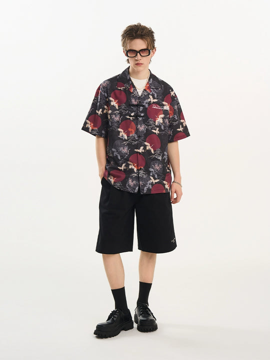 Harsh and Cruel Crane Print Knots Cuban Shirt