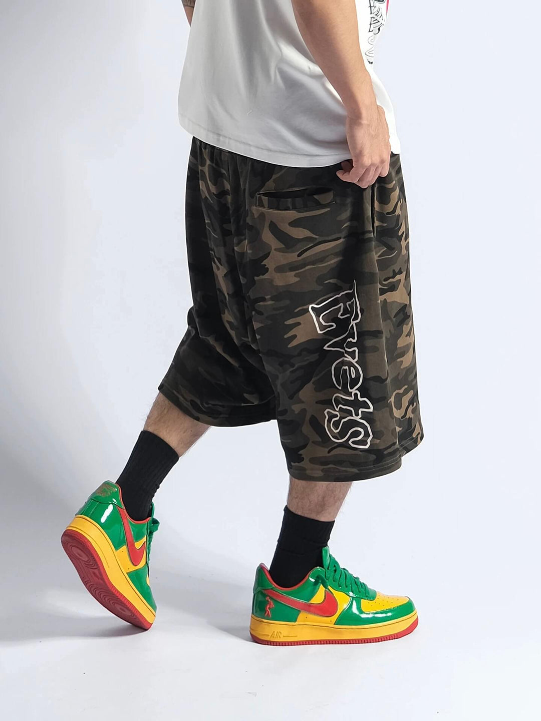 EVETS Anime Graphic Print Camo Baggy Sweat Shorts | Face 3 Face