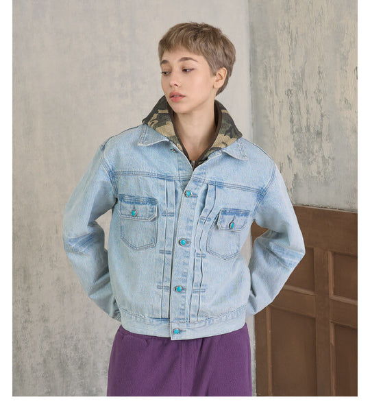 S45 Light Blue Heavy Washed Turquoise Button Denim Jacket | Face 3 Face