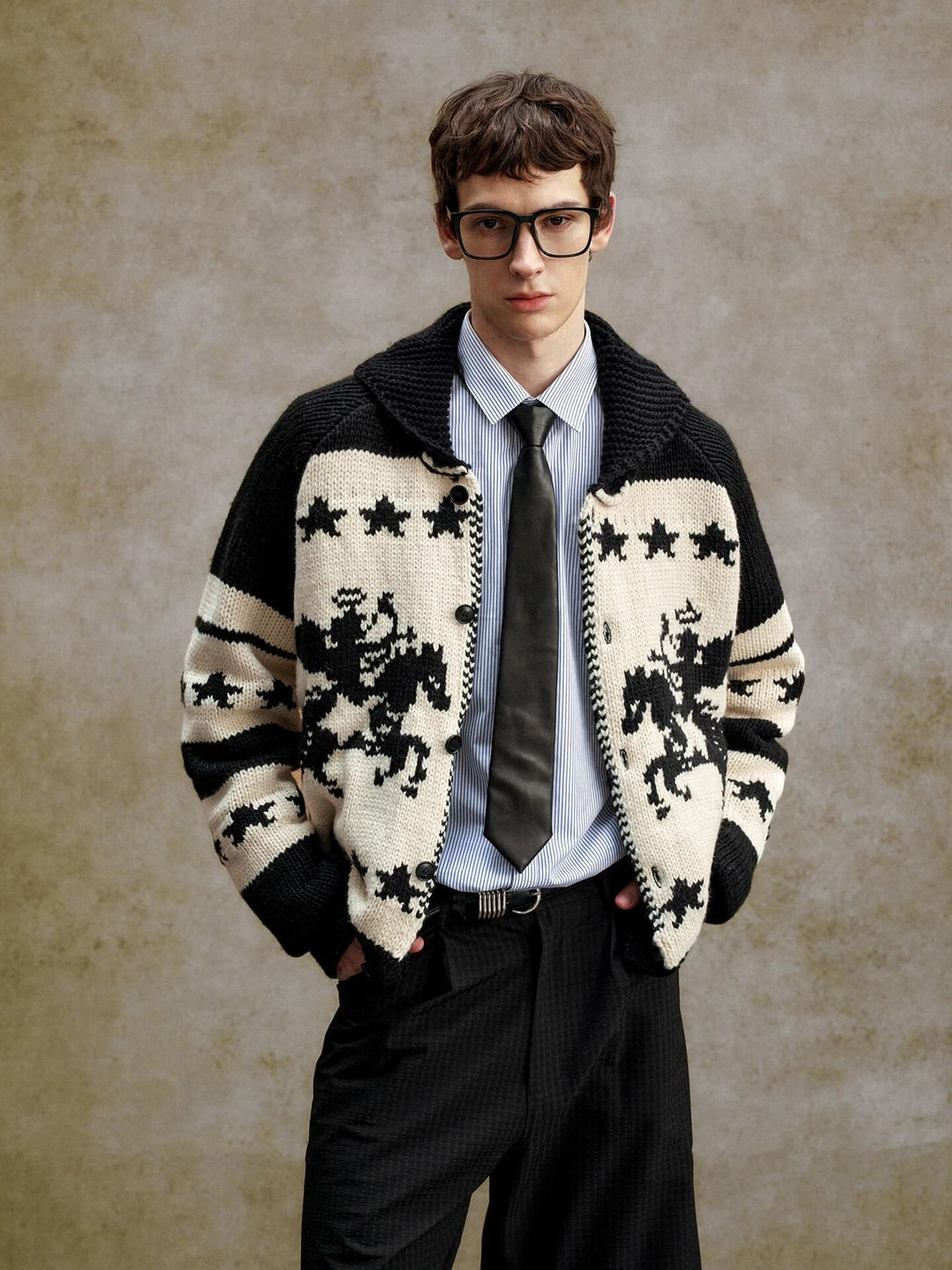 YADcrew Star Horse Angel Jacquard Knit Cowichan Cardigan | Face 3 Face