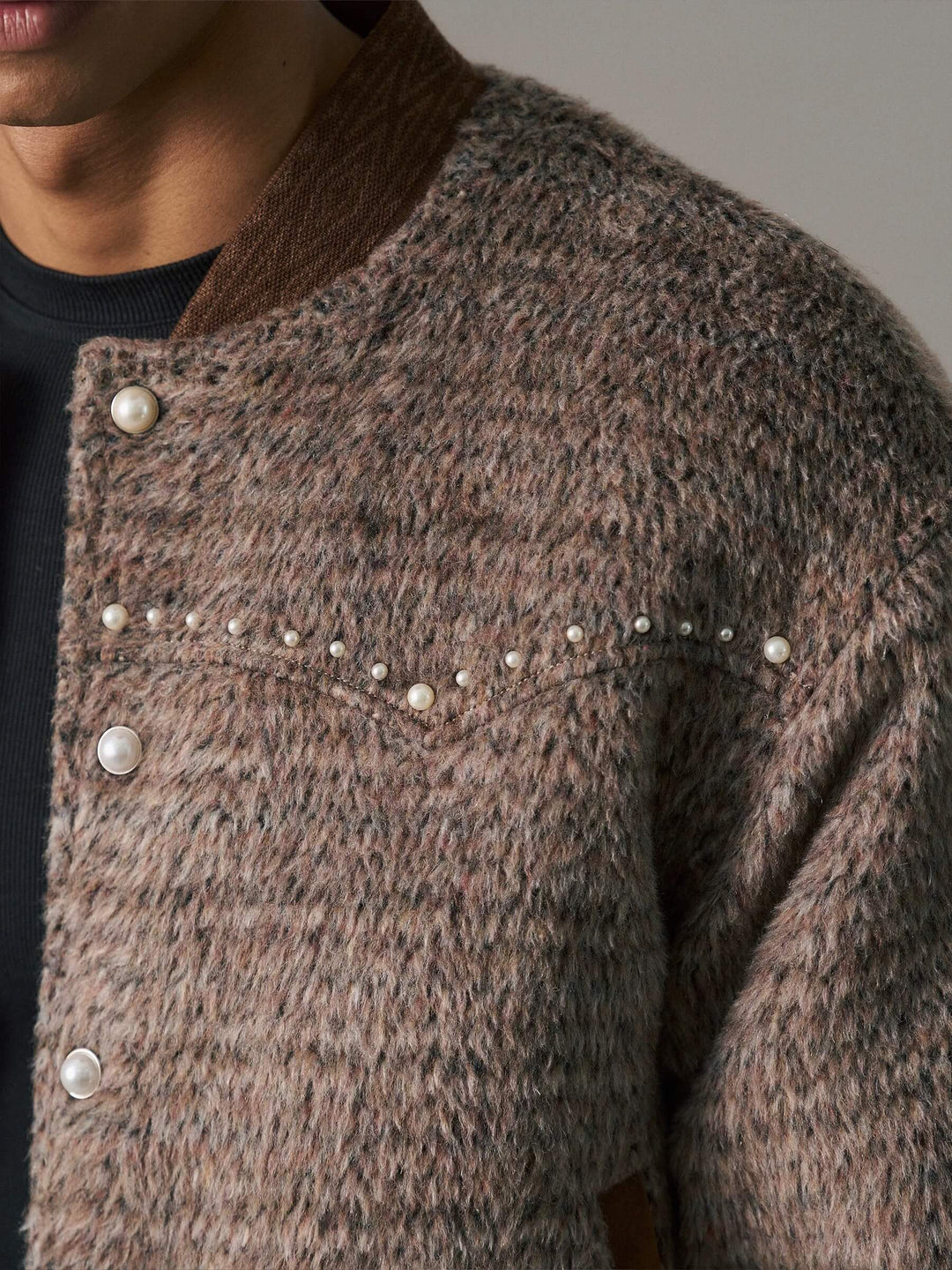 S45 Pearl Studded Fur Varsity Jacket | Face 3 Face