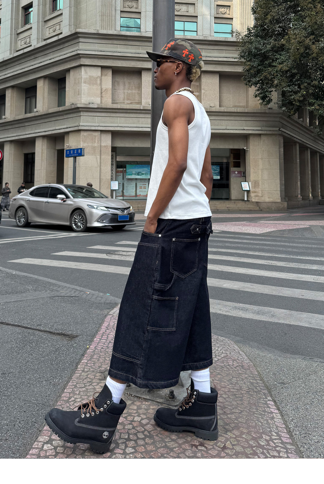 STEEPC Snap Button Double Knee Cropped Denim Baggy Shorts | Face 3 Face