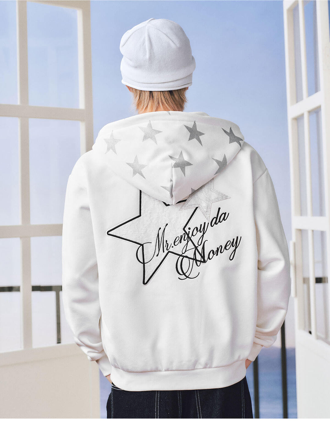 MEDM Lace Number Embroidered Star Print Zip Up Hoodie | Face 3 Face
