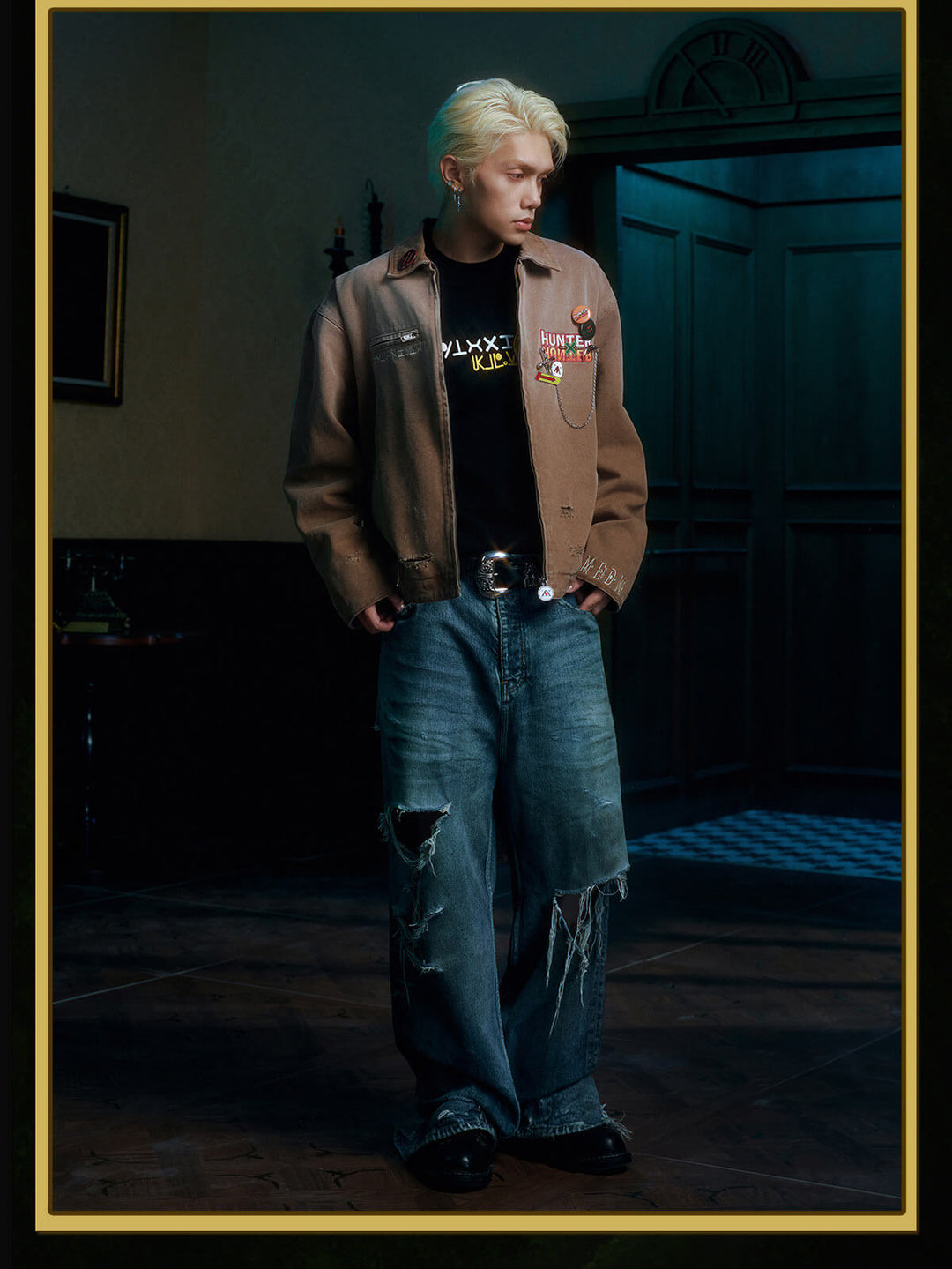 MEDM × HUNTER×HUNTER Logo Embroidered Washed Distressed Detroit Jacket