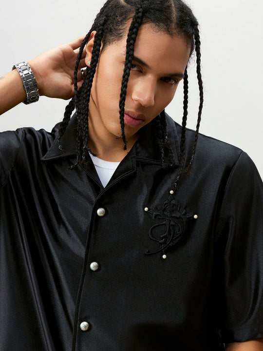 Small Town Kid 3D Cross Embroidered Satin Cuban Shirt Set | Face 3 Face