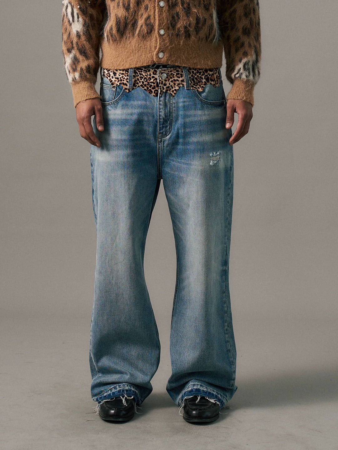 S45 Leopard Patchwork Washed Flared Jeans | Face 3 Face