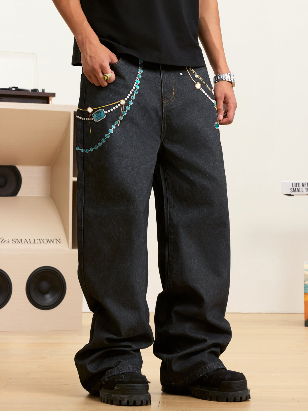 Small Town Kid Turquoise Pearl Chain 3D Printed Jeans | Face 3 Face