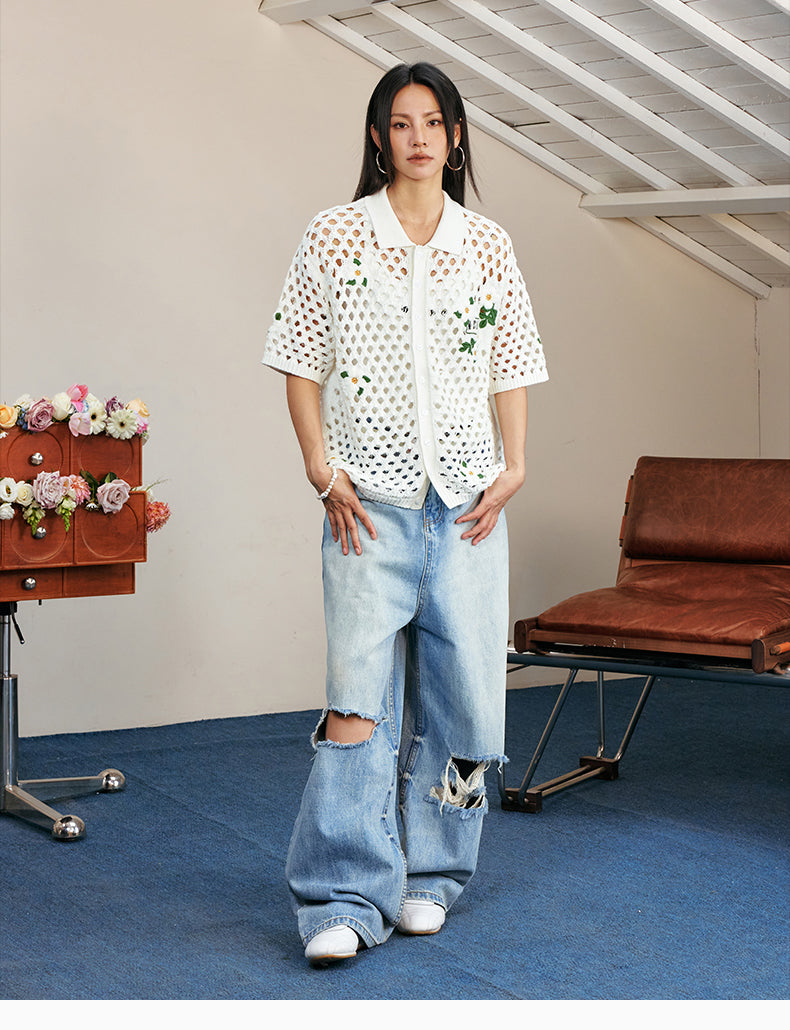 MEDM Flower Embroidery Open Knit Short Sleeve Shirt | Face 3 Face