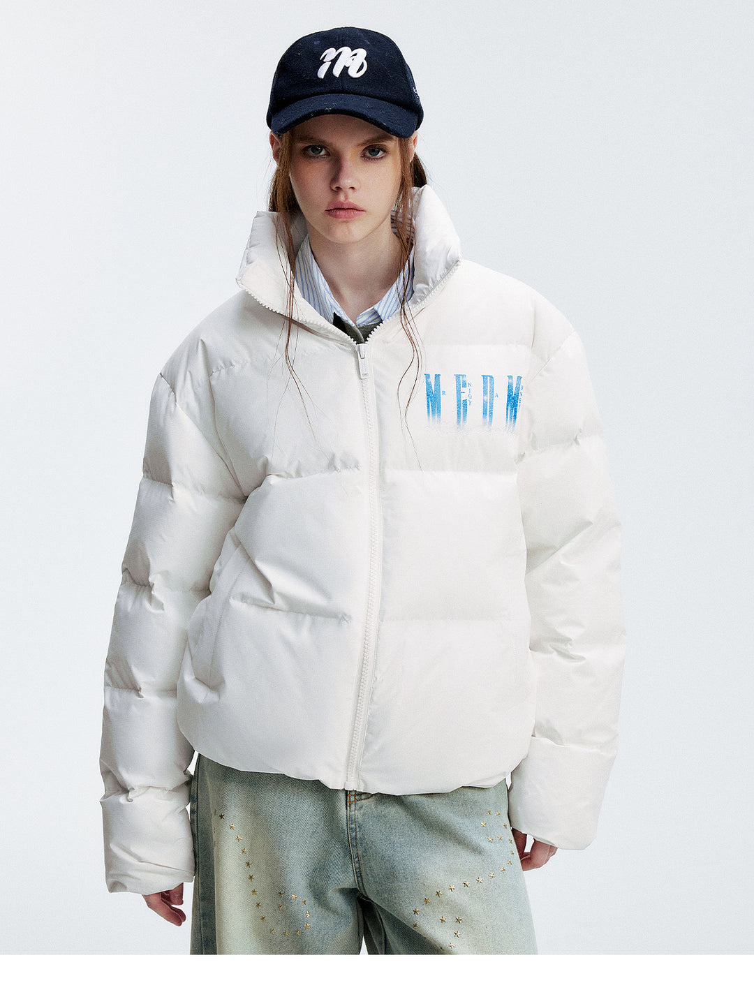 MEDM Rhinestone Studded Logo Down Jacket | Face 3 Face